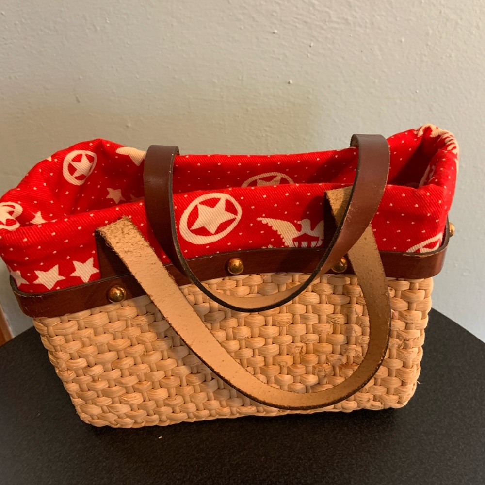 Vintage lined wicker Red and Tan Woven Tote Bag